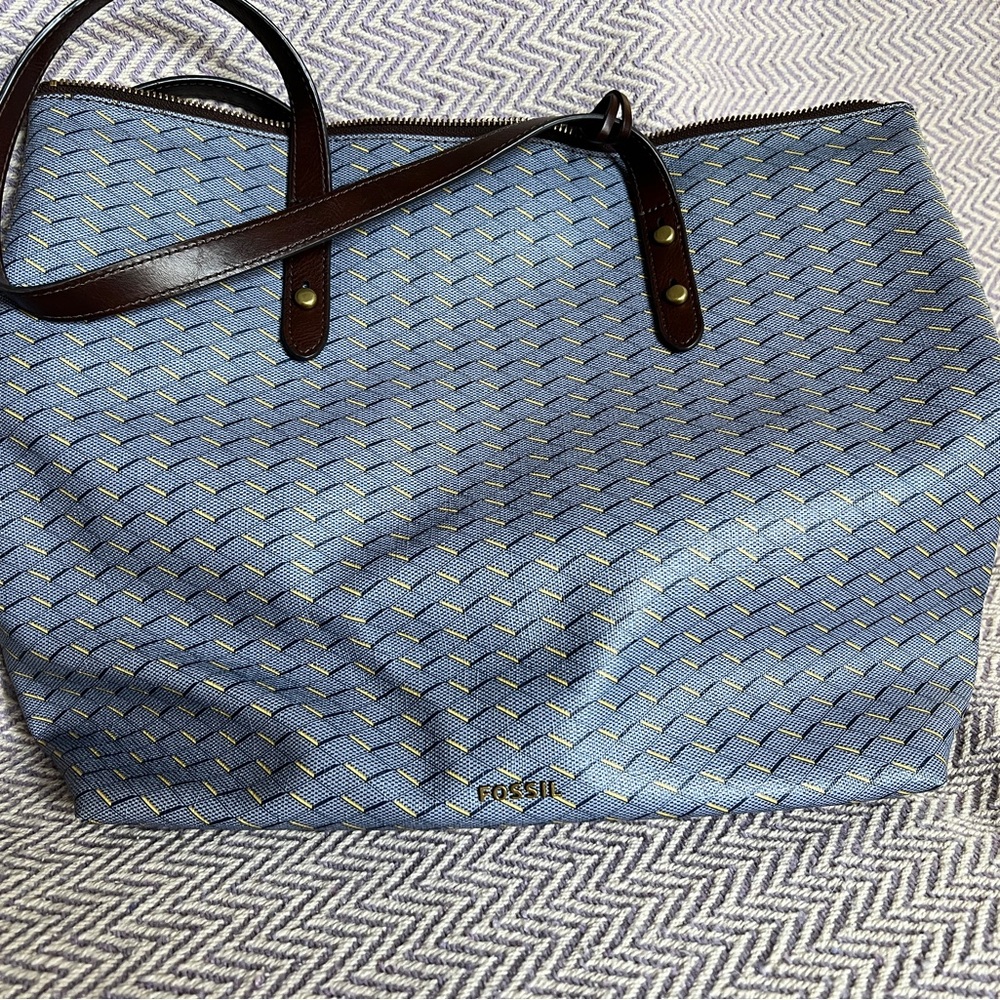 Fossil Blue Patterned Tote with Brown Straps